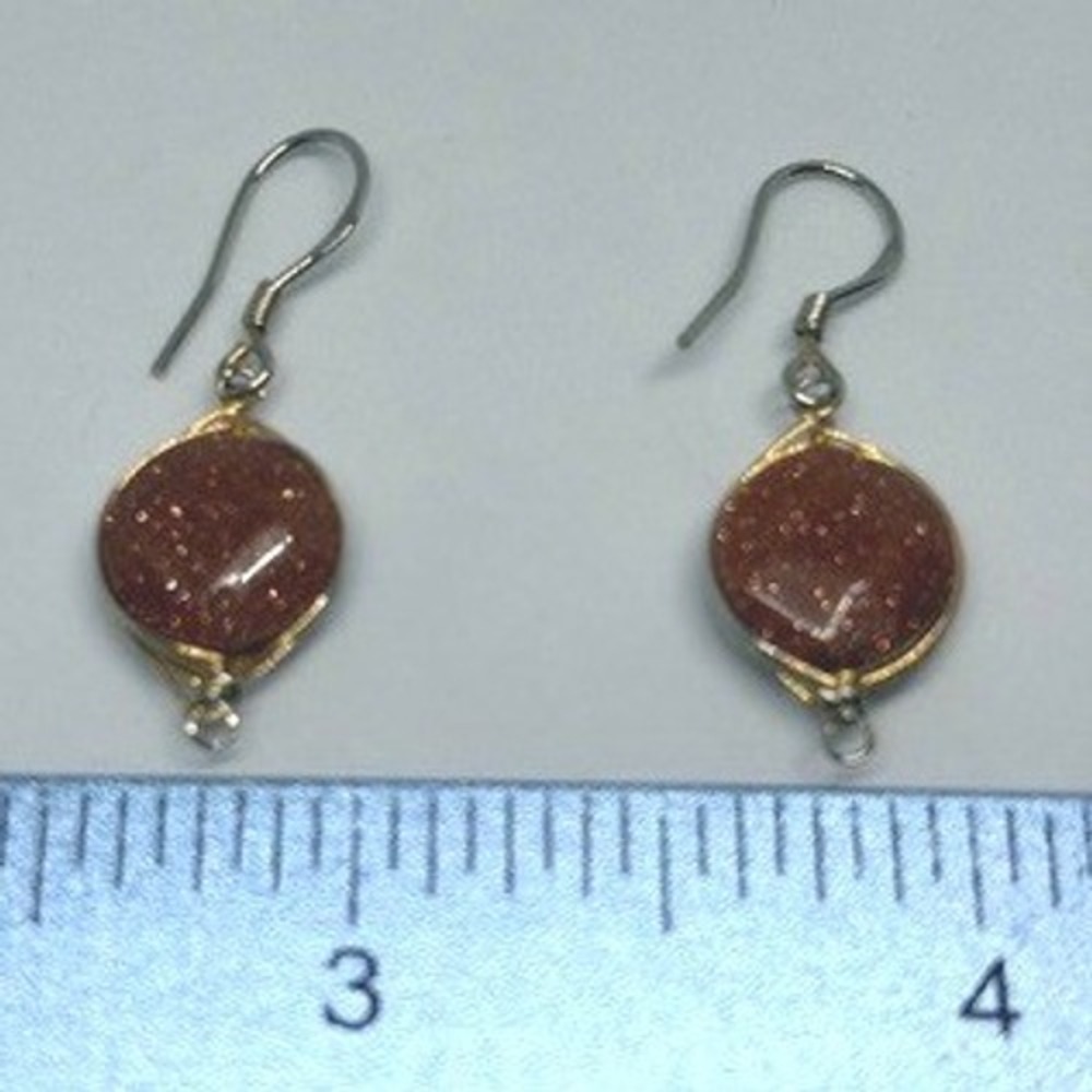 Goldstone Cabochon Earrings Gold Tone Wire Wrapped Witchy Gypsy Hippie Boho Gift - Picture 3 of 4